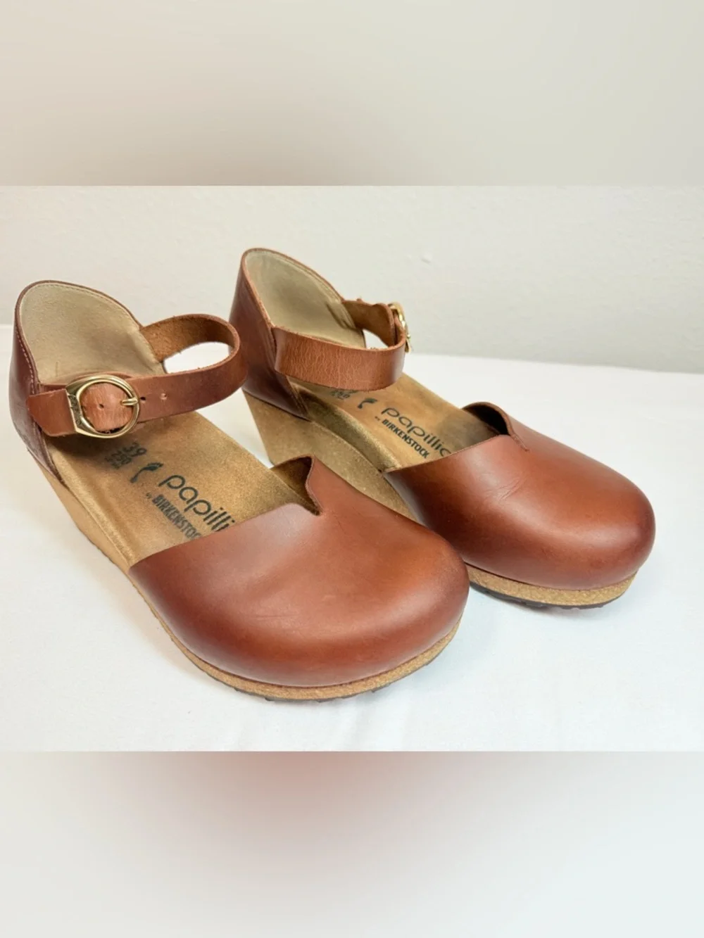 Papillio Birkenstock Cognac Leather Mary Jane Wedge Comfort Shoes 39 - Picture 10 of 16